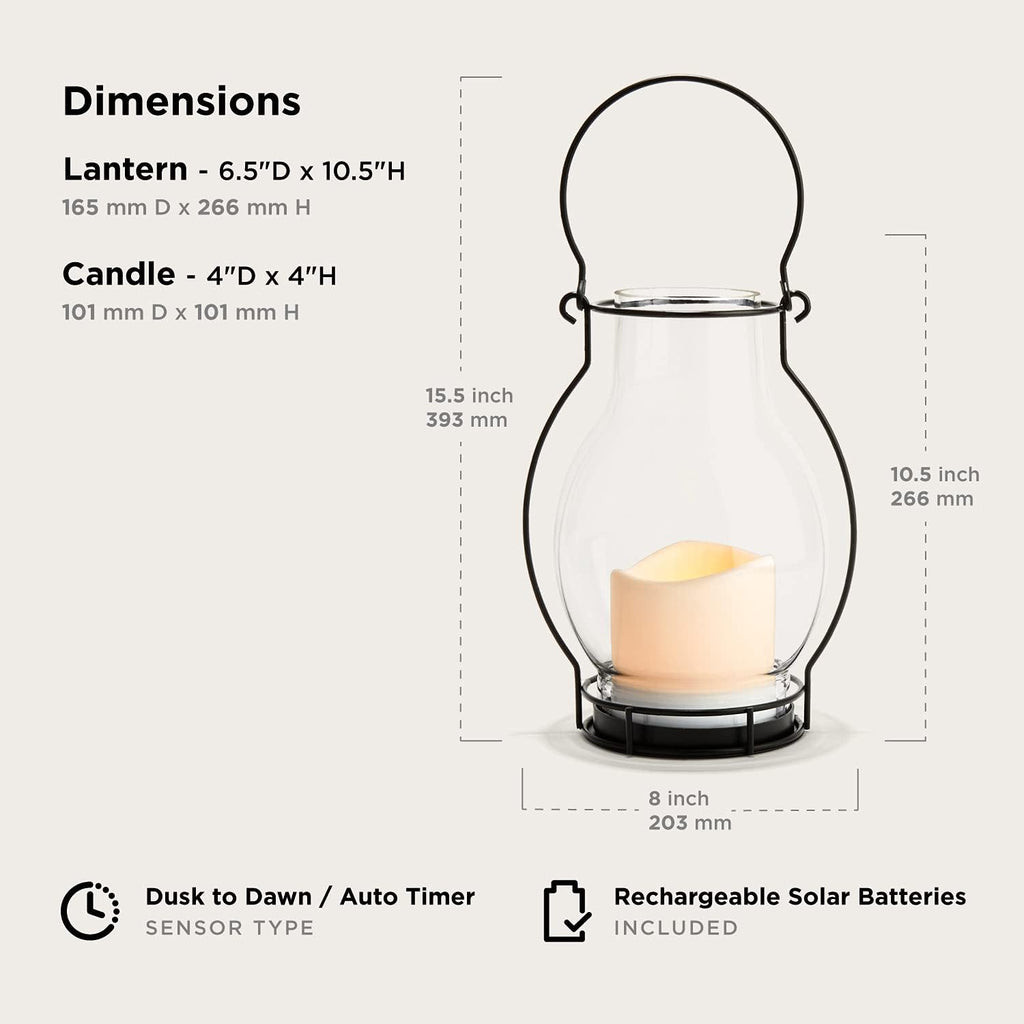 Black Metal Glass Solar LED Lanterns, 10.5 Inch, Warm White, Waterproof X744390