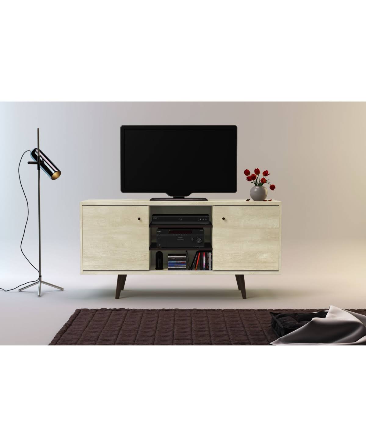Mid-Century Wood TV Stand with Shelves G102