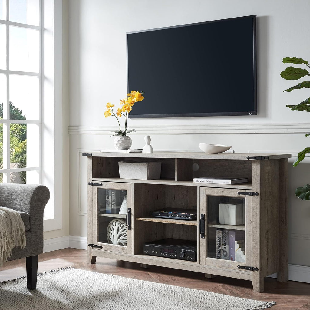 Tall Rustic Oak TV Stand with Glass Storage Cabinets and Open Shelves J3104