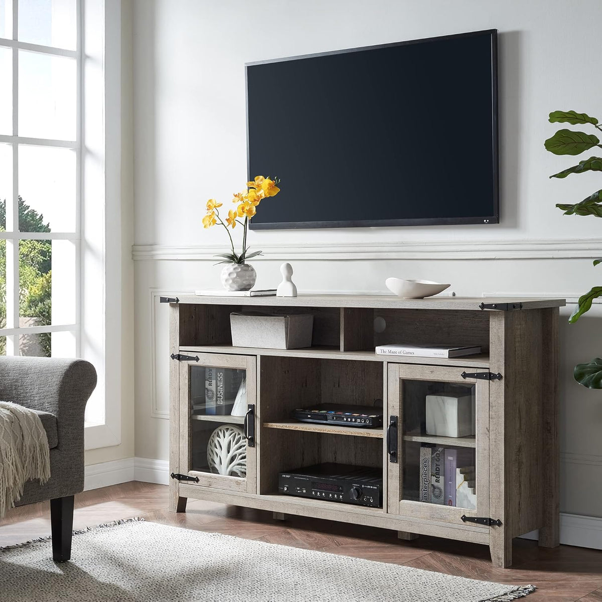 Tall Rustic Oak TV Stand with Glass Storage Cabinets and Open Shelves J3104