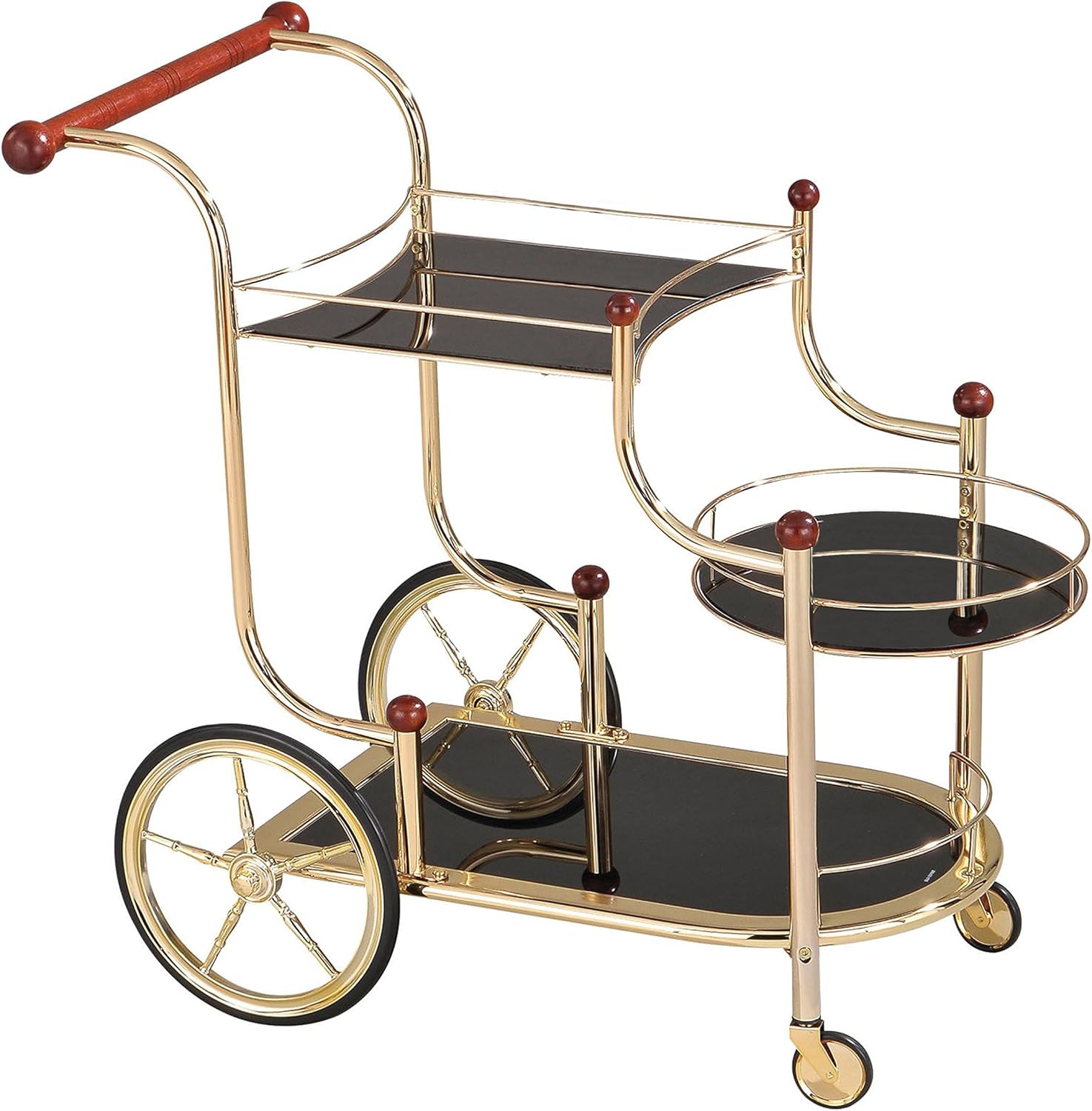 Gold Plated Serving Cart with Cherry Wood and Black Glass R624790