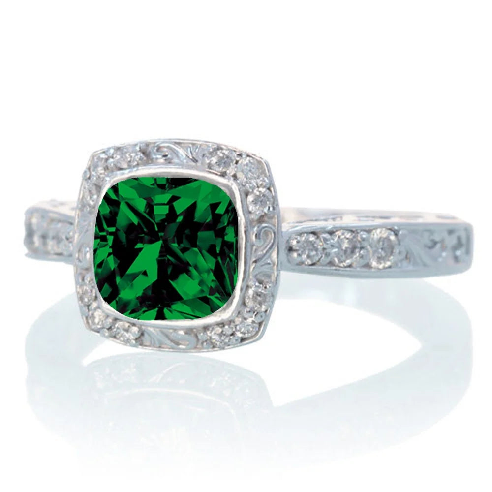 Vintage Emerald and Diamond Halo Wedding Ring on 10k White Gold J24643