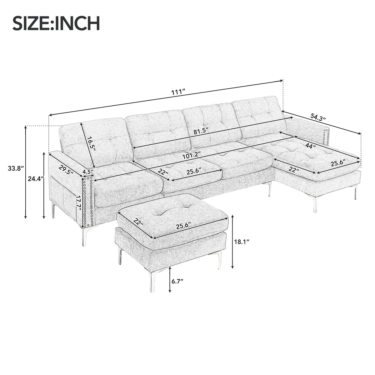 Green L-Shape Convertible Sectional Sofa with Movable Ottoman I71886
