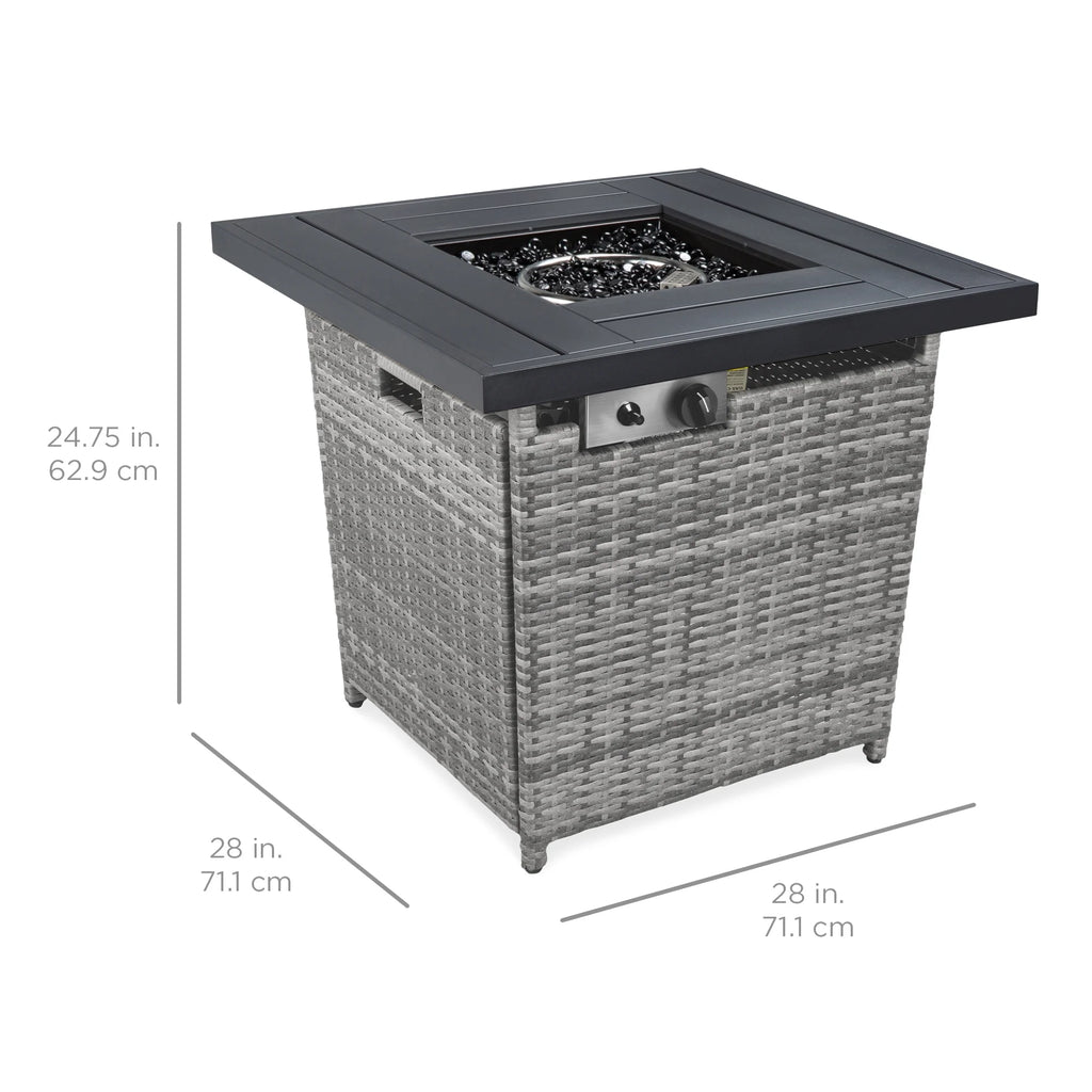 28in Propane Gas Fire Pit Table Outdoor Wicker with Glass Beads Tank Holder Ash Gray C3763