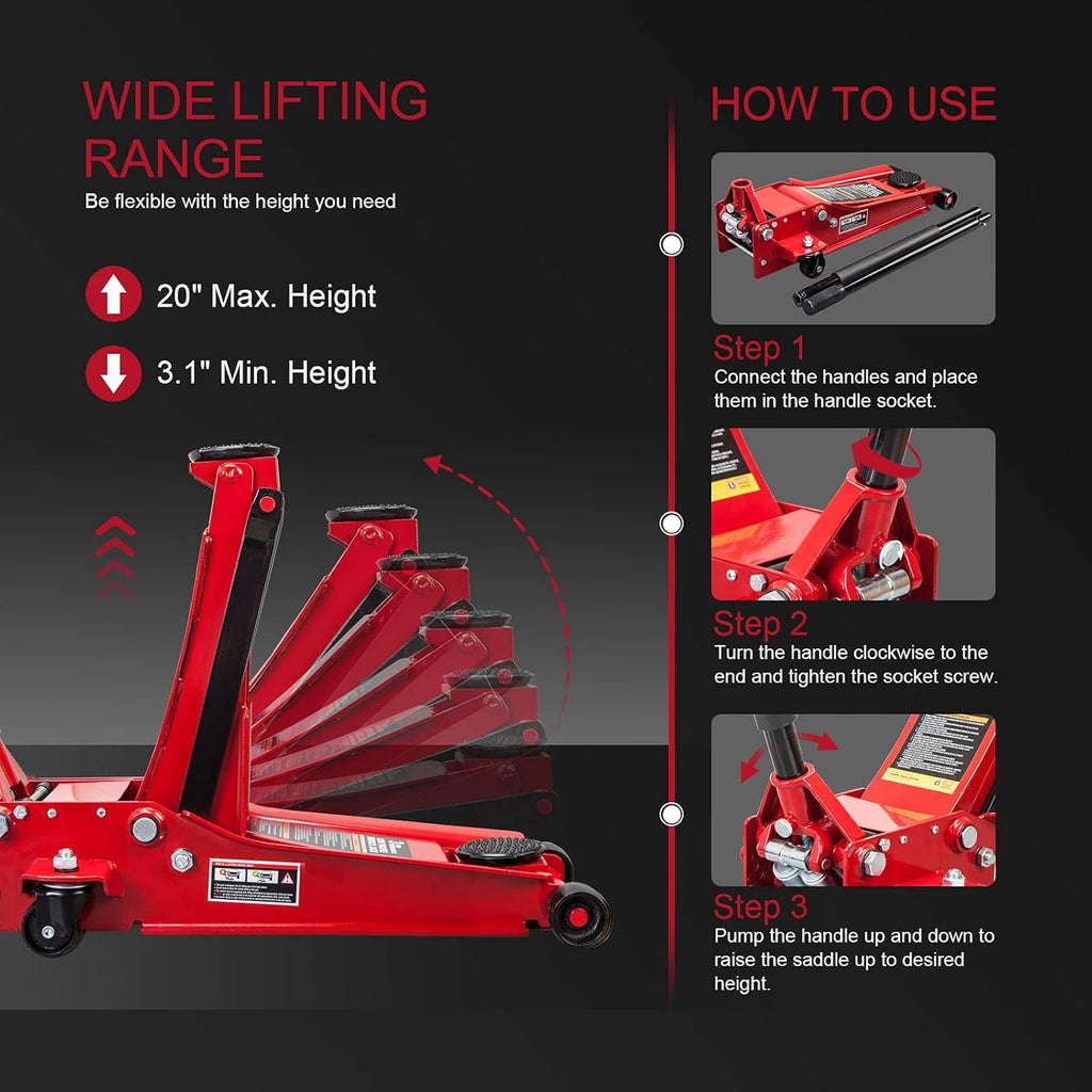 3 Ton Hydraulic Steel Floor Jack with Dual Piston Quick Lift Pump J933