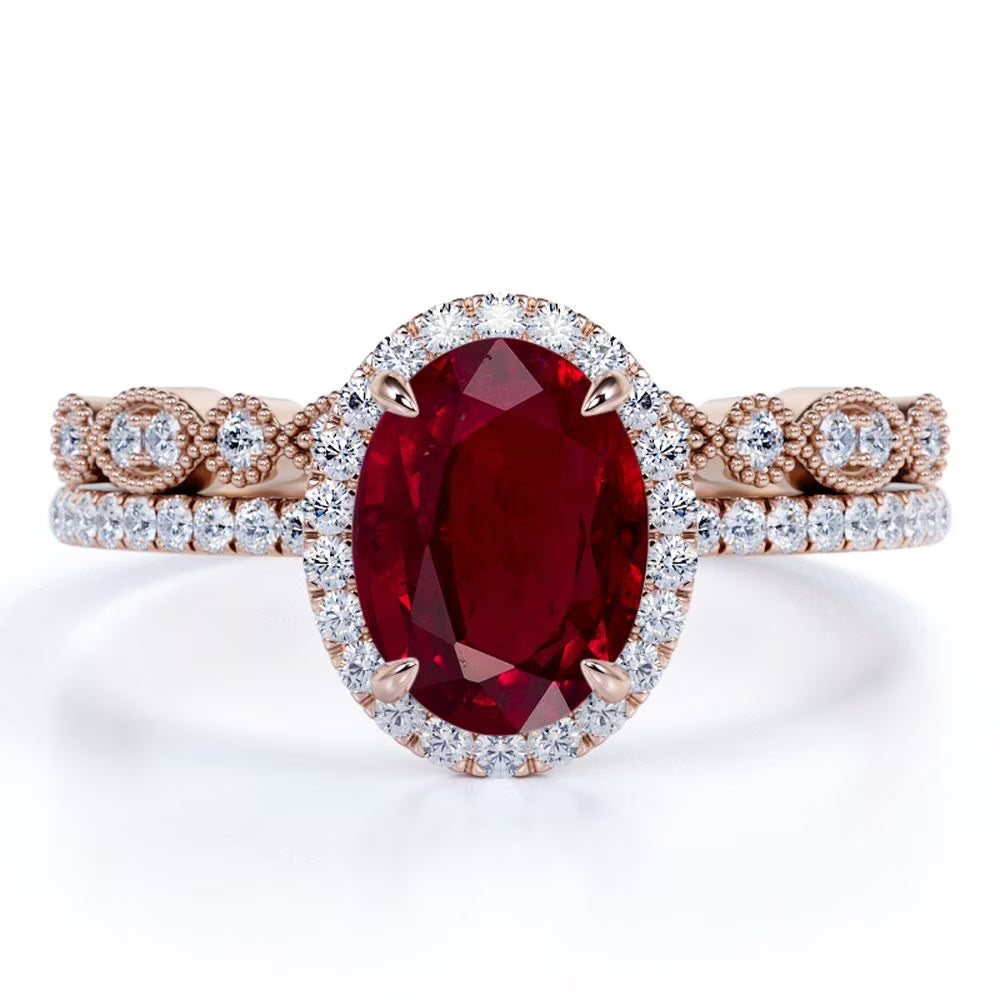 18k Rose Gold over Silver Oval Ruby Bridal Ring Set O123384