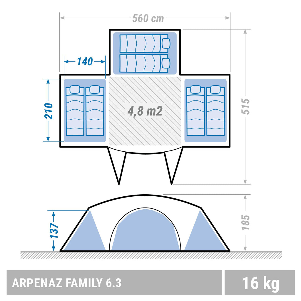 6 Persons 3 Rooms Arched Camping Tent in Blue K82643