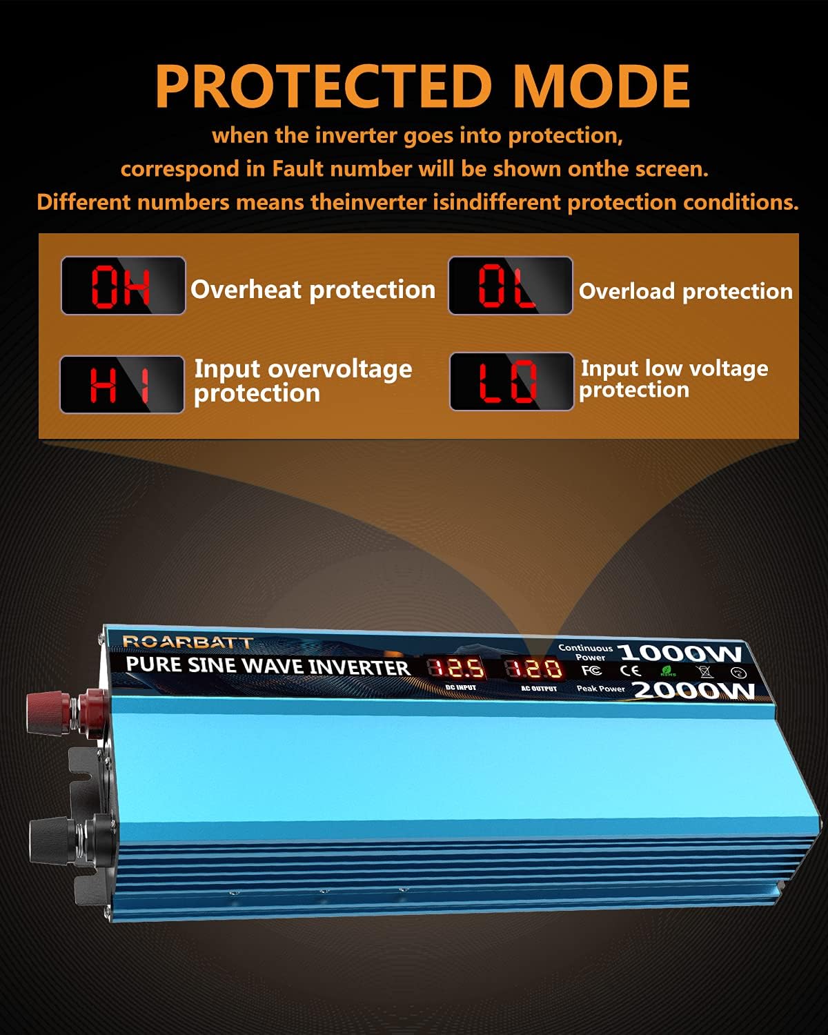 Pure Sine Wave Power Inverter 1000W DC 12V to AC 110V 2 AC Outlets 3.4A USB X796