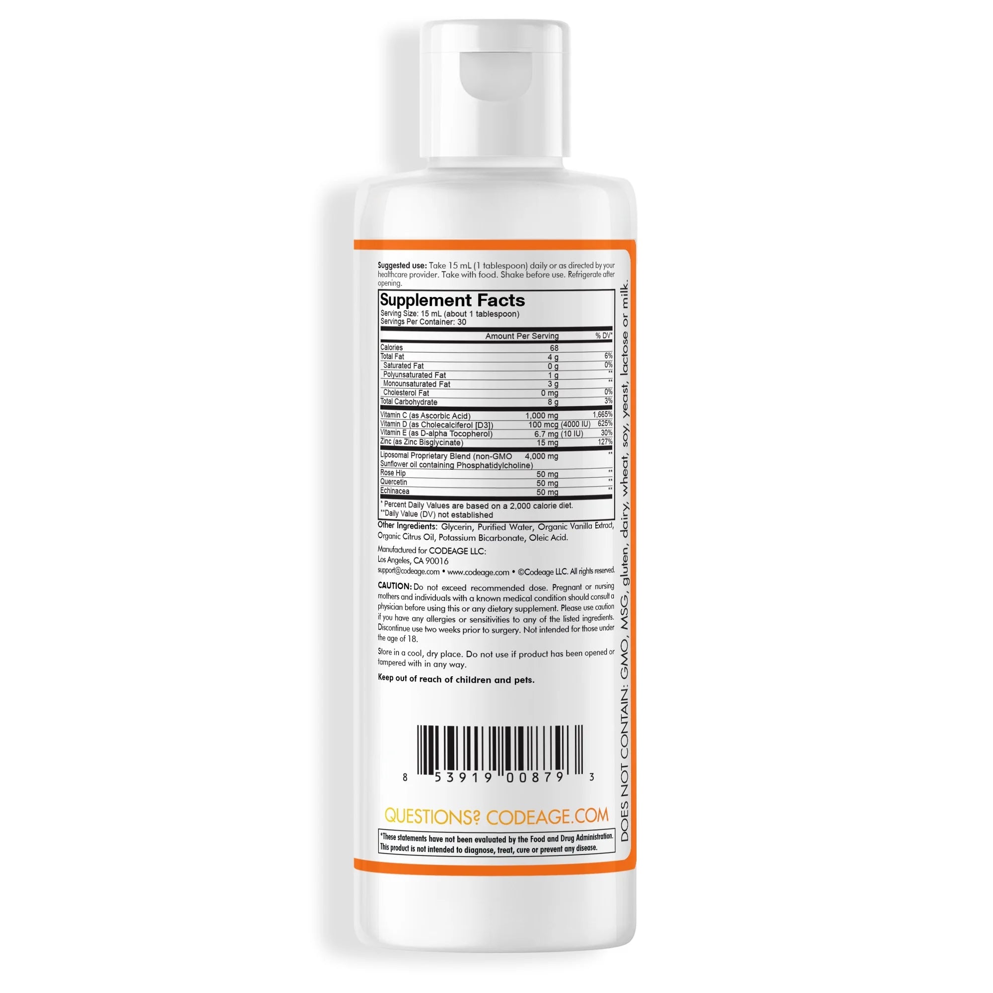 15.22 fl oz Liquid Vitamin C 1000mg with Zinc, Vitamin D E, Quercetin, Echinacea O2839