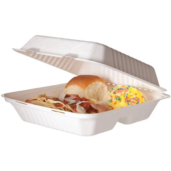 9 in 3-Compartment Soak Proof Sugarcane Clamshells V78274