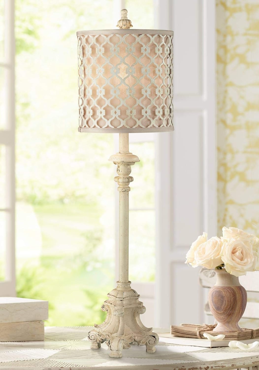 Beige Metal Candlestick Table Lamp with Drum Shade Z326562