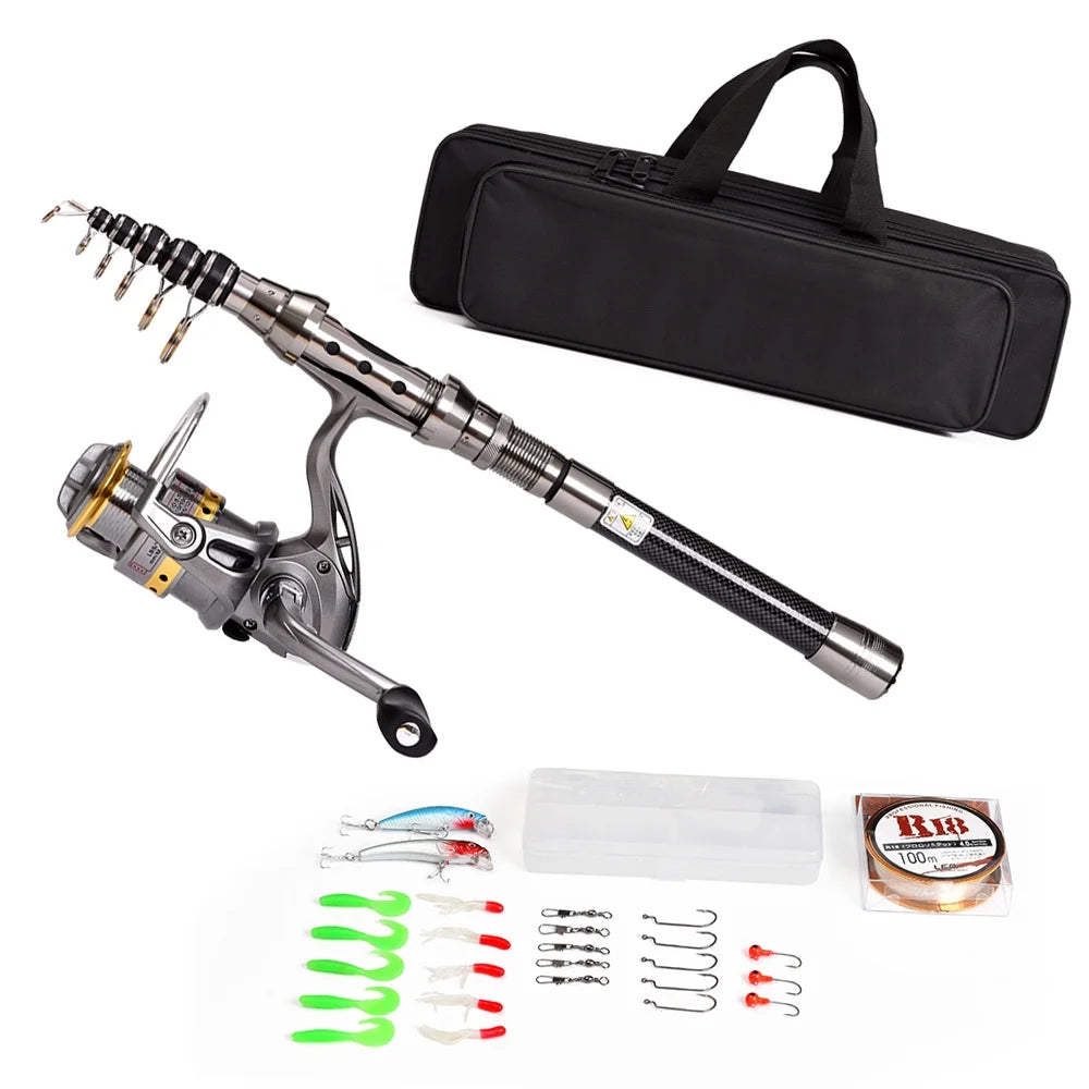 Telescopic Spinning Fishing Rod and Reel Combo Kit with Carrier Bag T119959