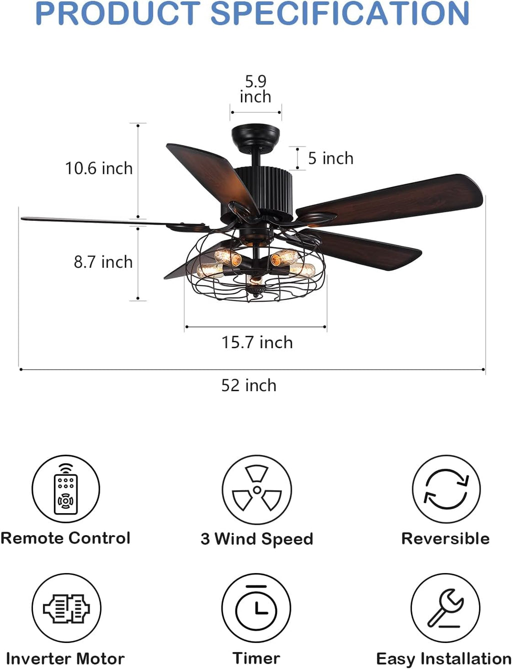 52" Vintage Industrial Ceiling Fan with Light Remote, 5 Reversible Blades Black Cage Q490