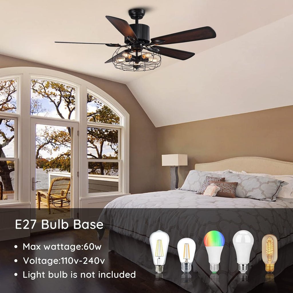 52" Vintage Industrial Ceiling Fan with Light Remote, 5 Reversible Blades Black Cage Q490