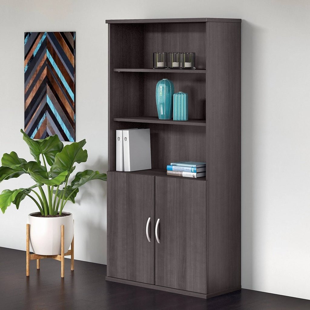 Bookcase with 5 Shelves and 2 Doors, Wood Composite, Storm Gray K256