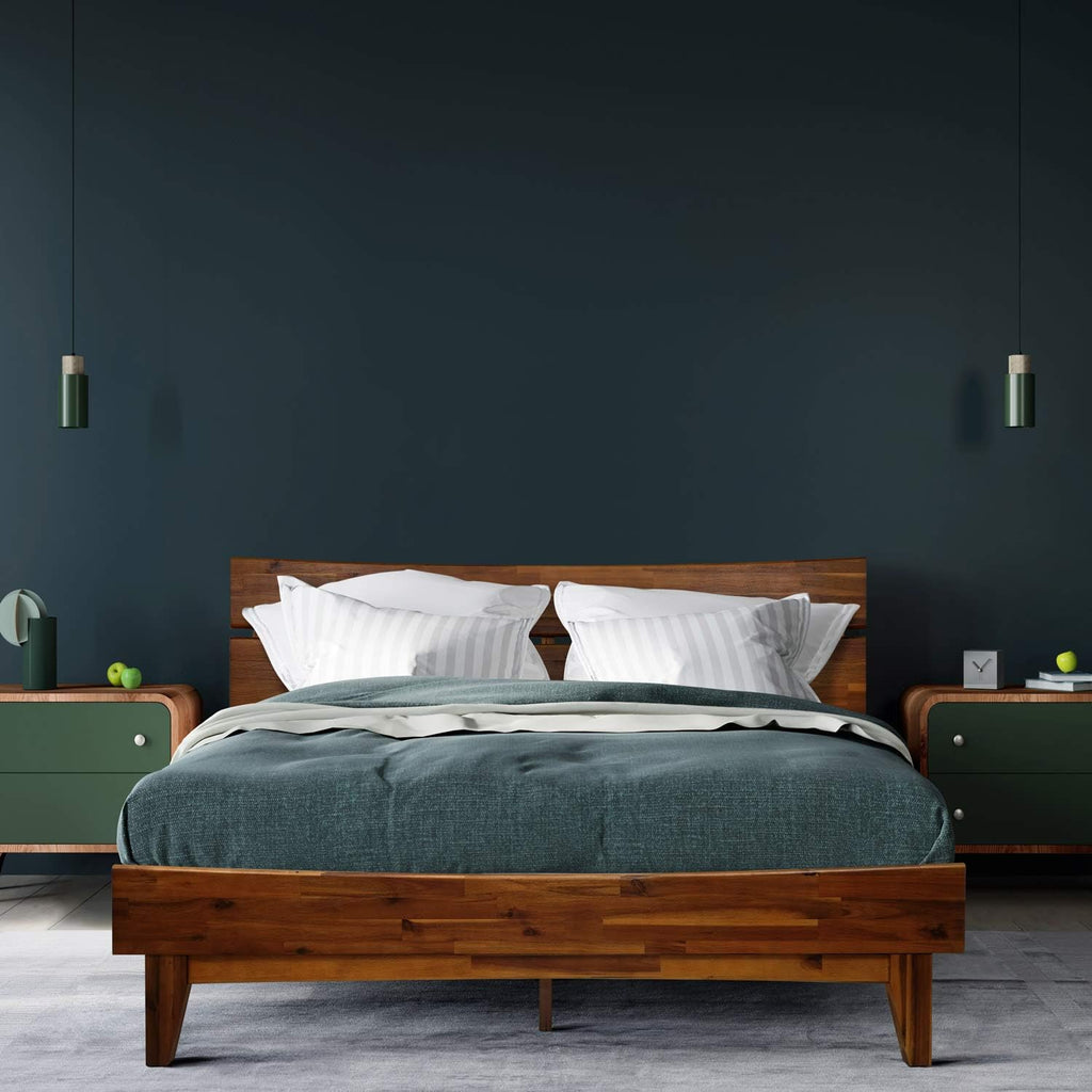 Queen Caramel Wood Platform Bed Frame with Headboard P3168