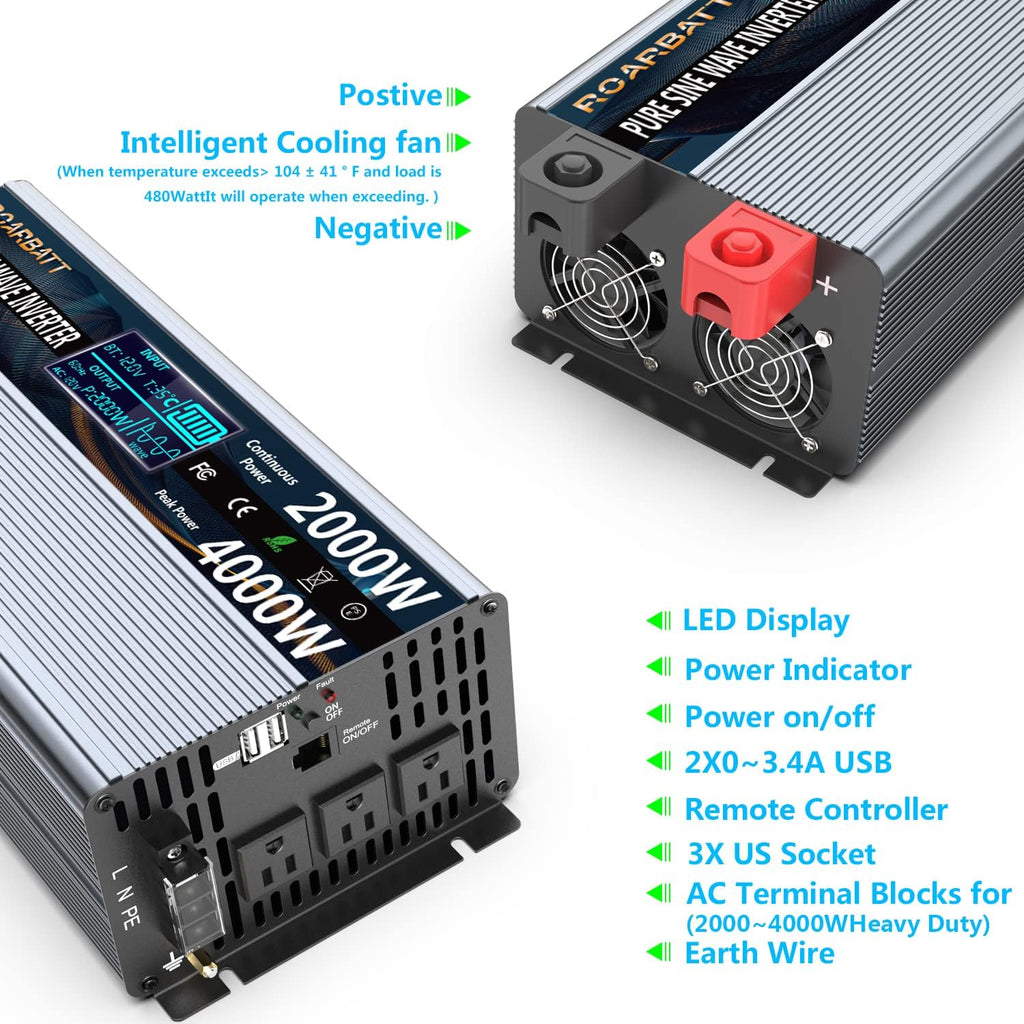 Pure Sine Wave Power Inverter 1000W DC 12V to AC 110V 2 AC Outlets 3.4A USB X796