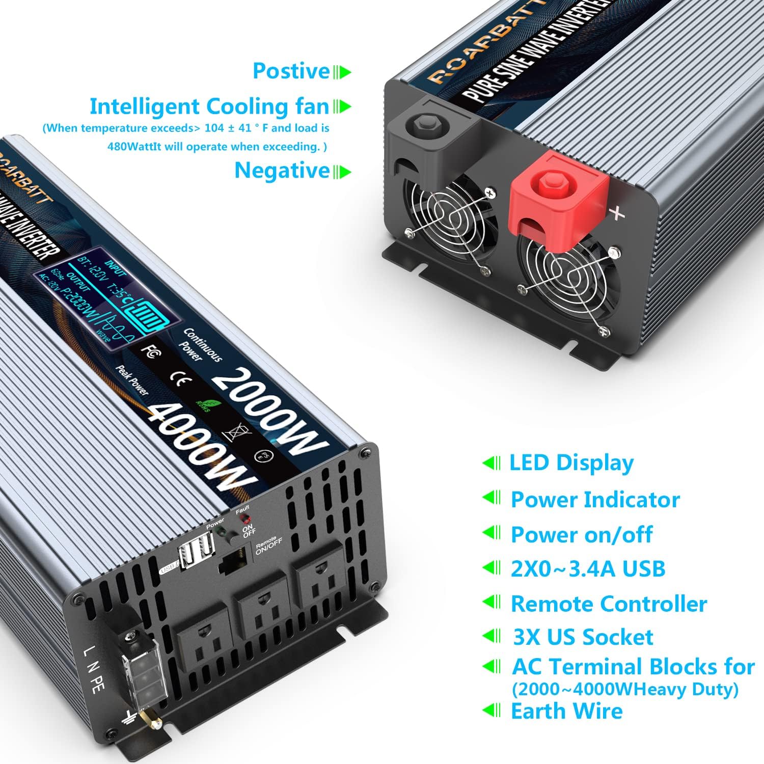 Pure Sine Wave Power Inverter 1000W DC 12V to AC 110V 2 AC Outlets 3.4A USB X796