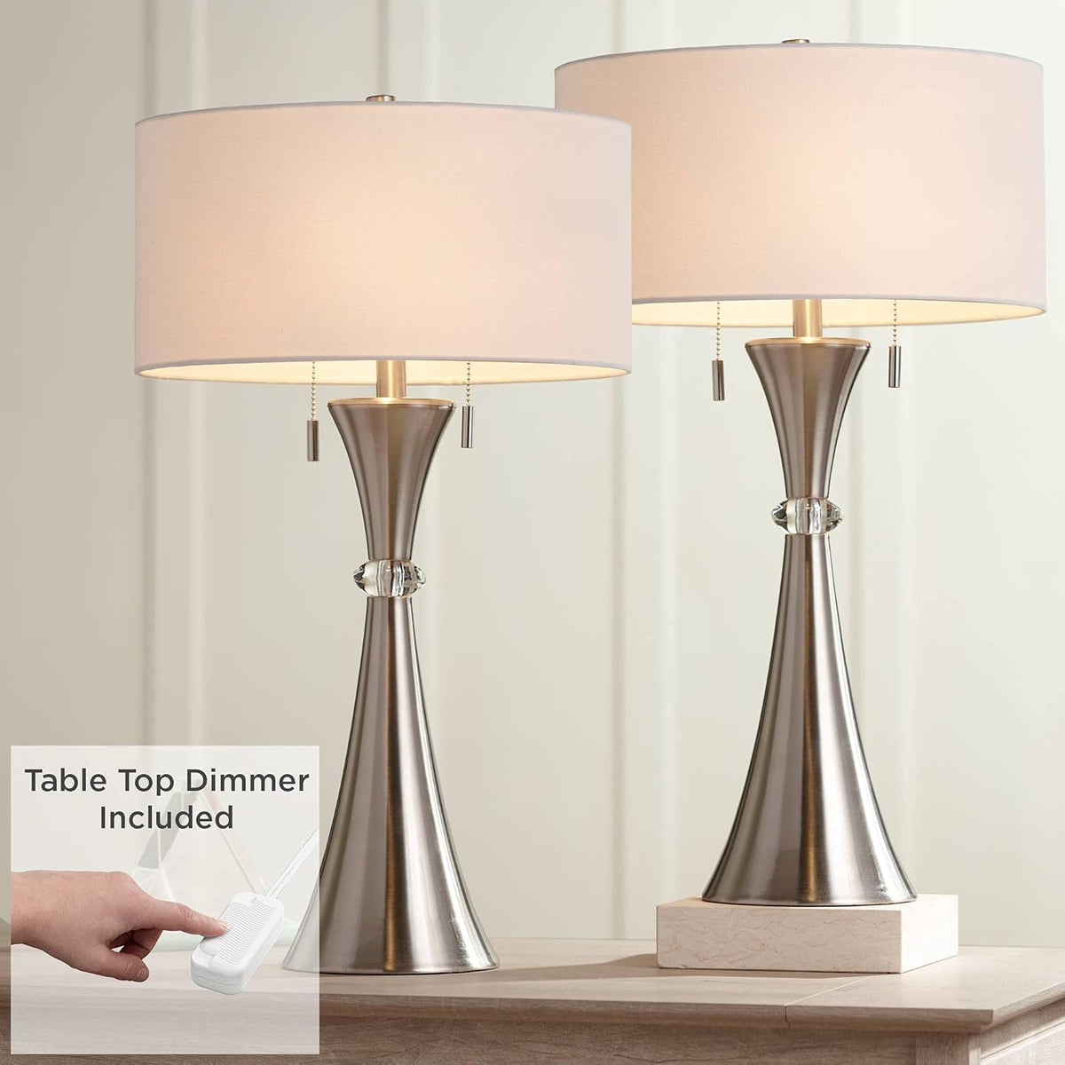 Silver Metal White Fabric Drum Table Lamps Set of 2 B1630