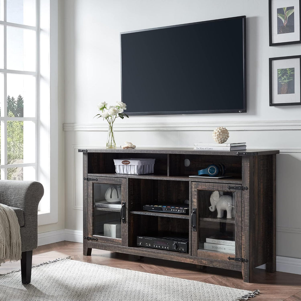 Tall Rustic Oak TV Stand with Glass Storage Cabinets and Open Shelves J3104