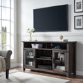 Tall Rustic Oak TV Stand with Glass Storage Cabinets and Open Shelves J3104