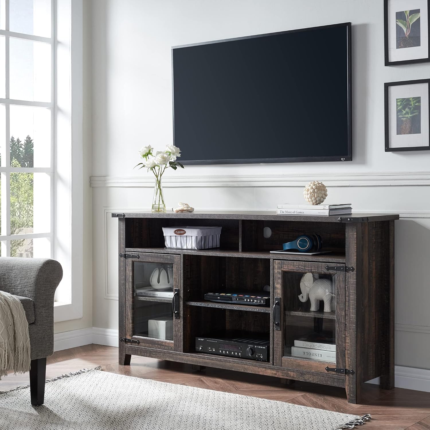 Tall Rustic Oak TV Stand with Glass Storage Cabinets and Open Shelves J3104