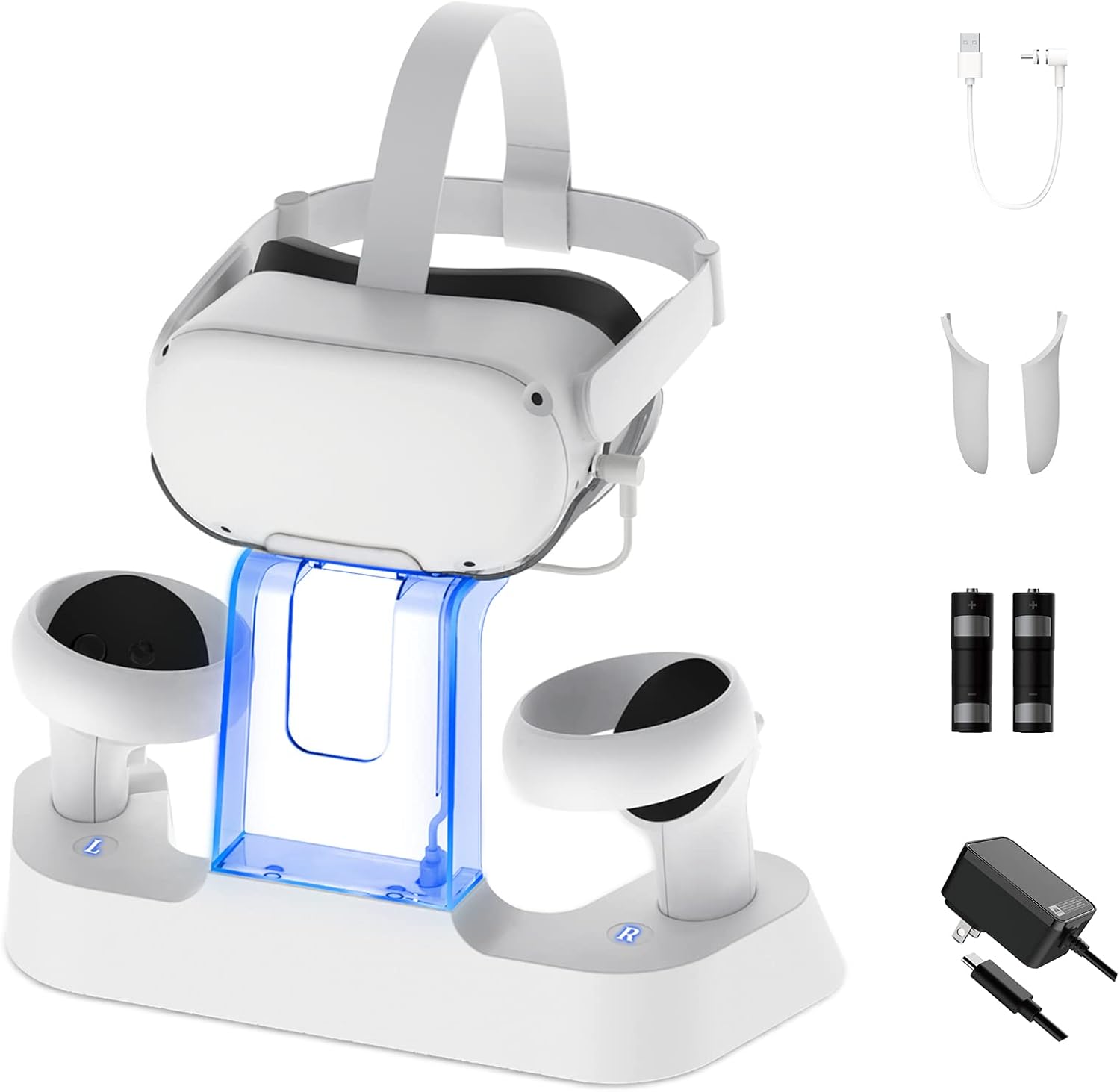 Charging Dock with LED Light for Oculus Quest 2, Headset Display Stand and Controller Mount, 2 Rechargeable Batteries, Magnetic Cable Pack of 2 C57386