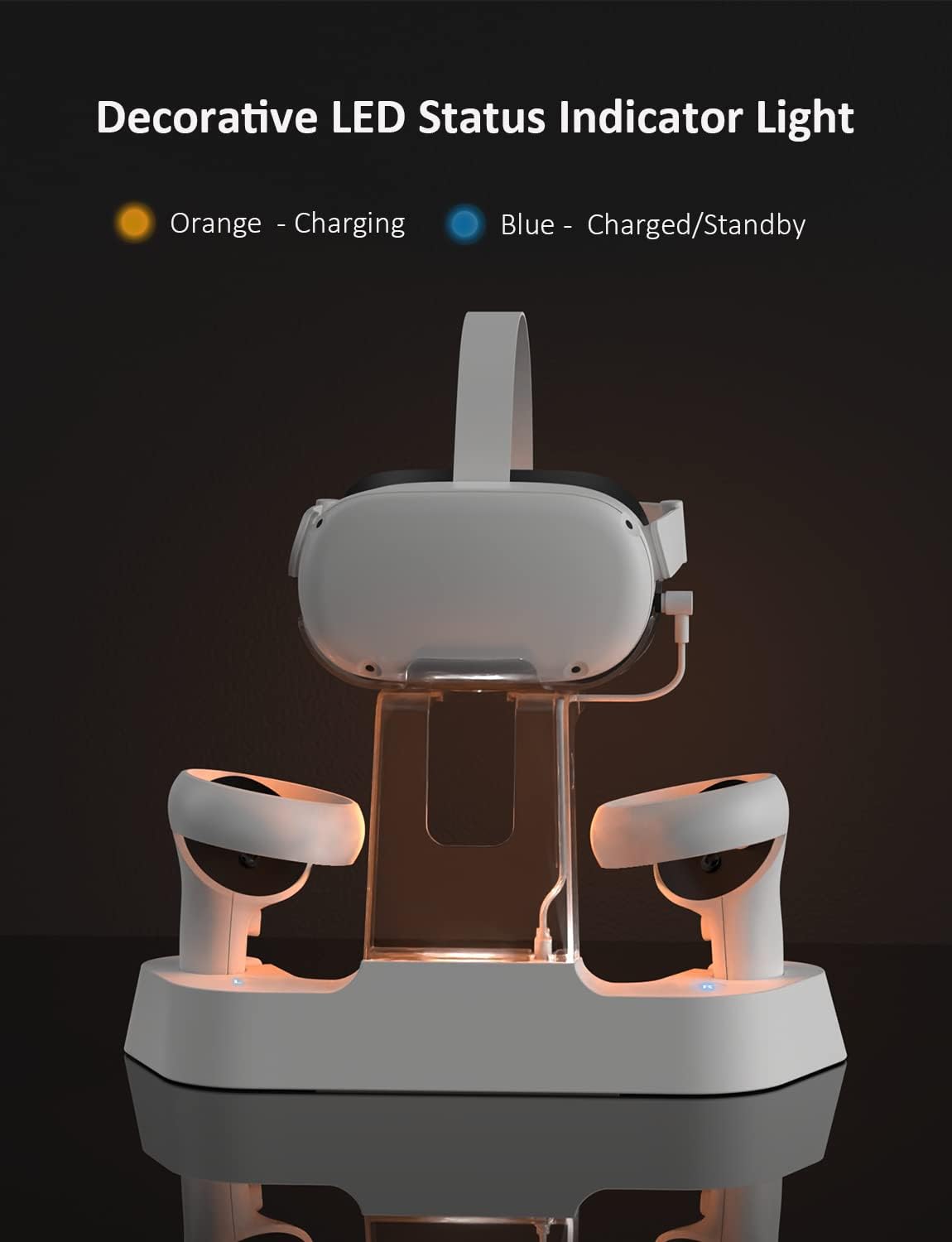 Charging Dock with LED Light for Oculus Quest 2, Headset Display Stand and Controller Mount, 2 Rechargeable Batteries, Magnetic Cable Pack of 2 C57386
