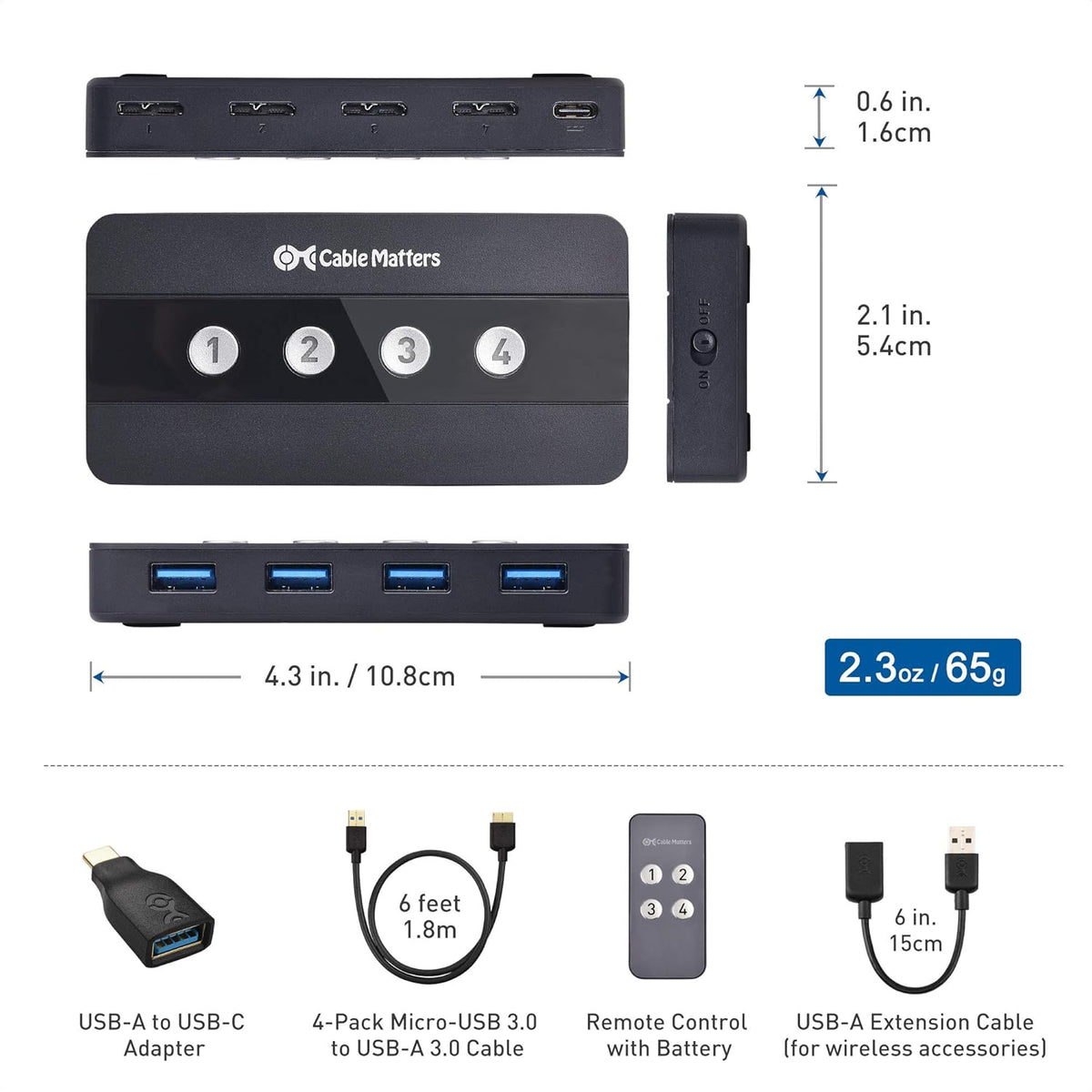 4 Port USB 3.0 Switch Hub with USB-C Adapter W5321