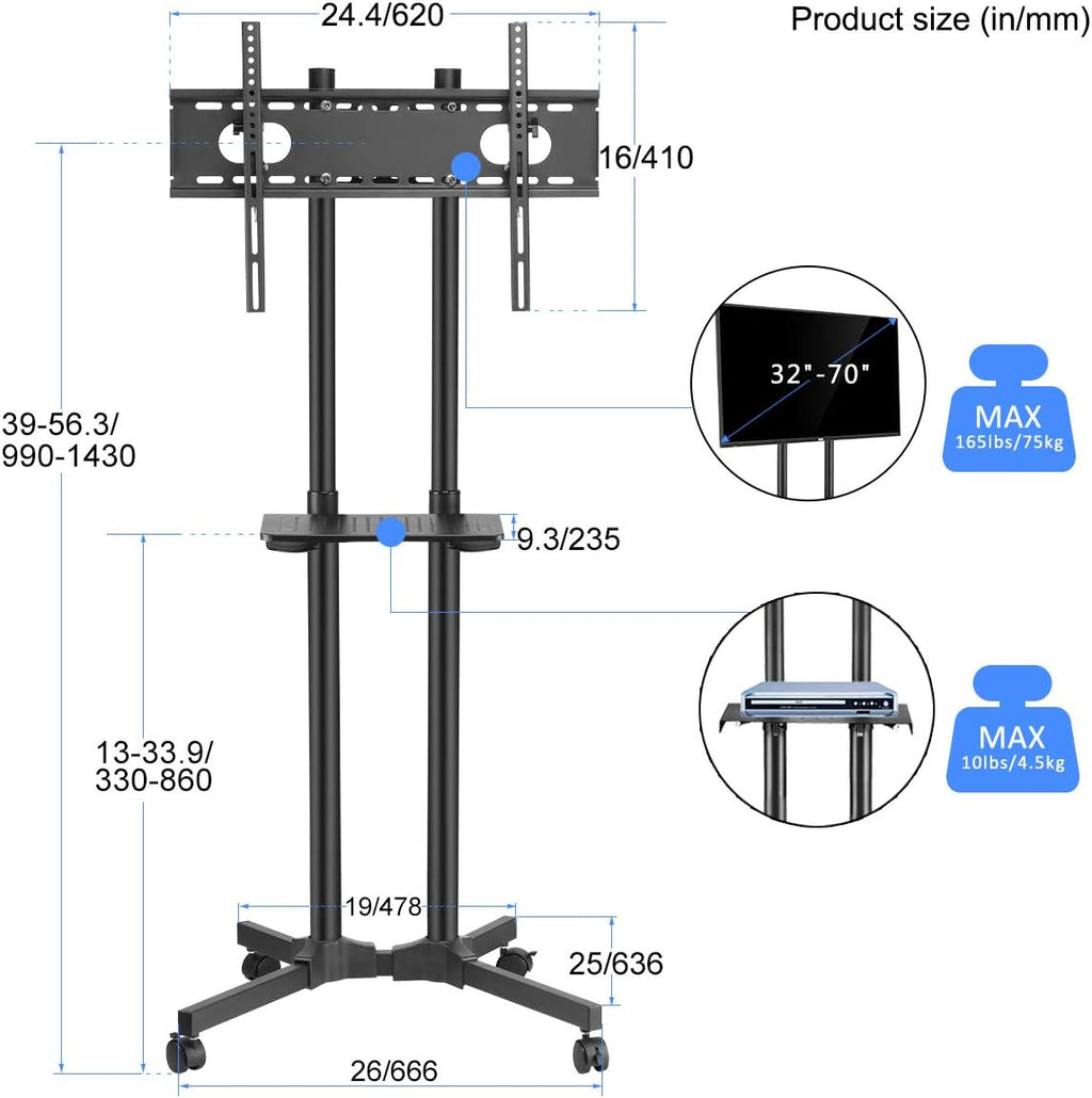 Mobile TV Cart Rolling TV Stand Mount with Wheels and Shelf for 32-70 inch LCD LED Plasma Flat Screen E34618