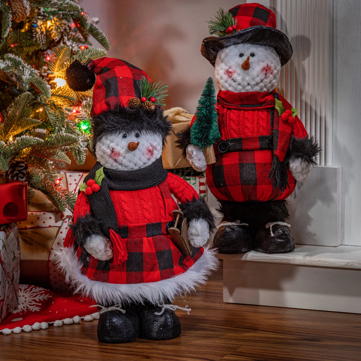 Set of 2 Plush Holiday Standing Snowman Figures I3766