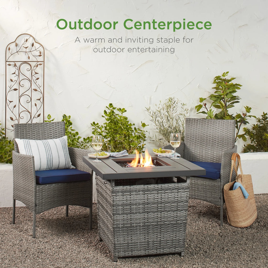 28in Propane Gas Fire Pit Table Outdoor Wicker with Glass Beads Tank Holder Ash Gray C3763