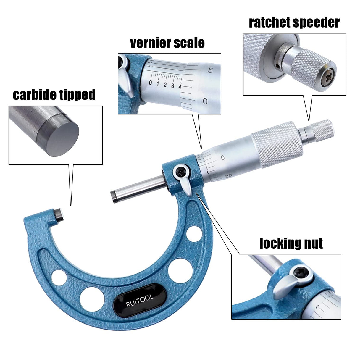 Outside Micrometer Set 0-4inch Range 0.0001" Graduation with Standards, Ratchet Stop, Carbide Heads 4Pcs K983