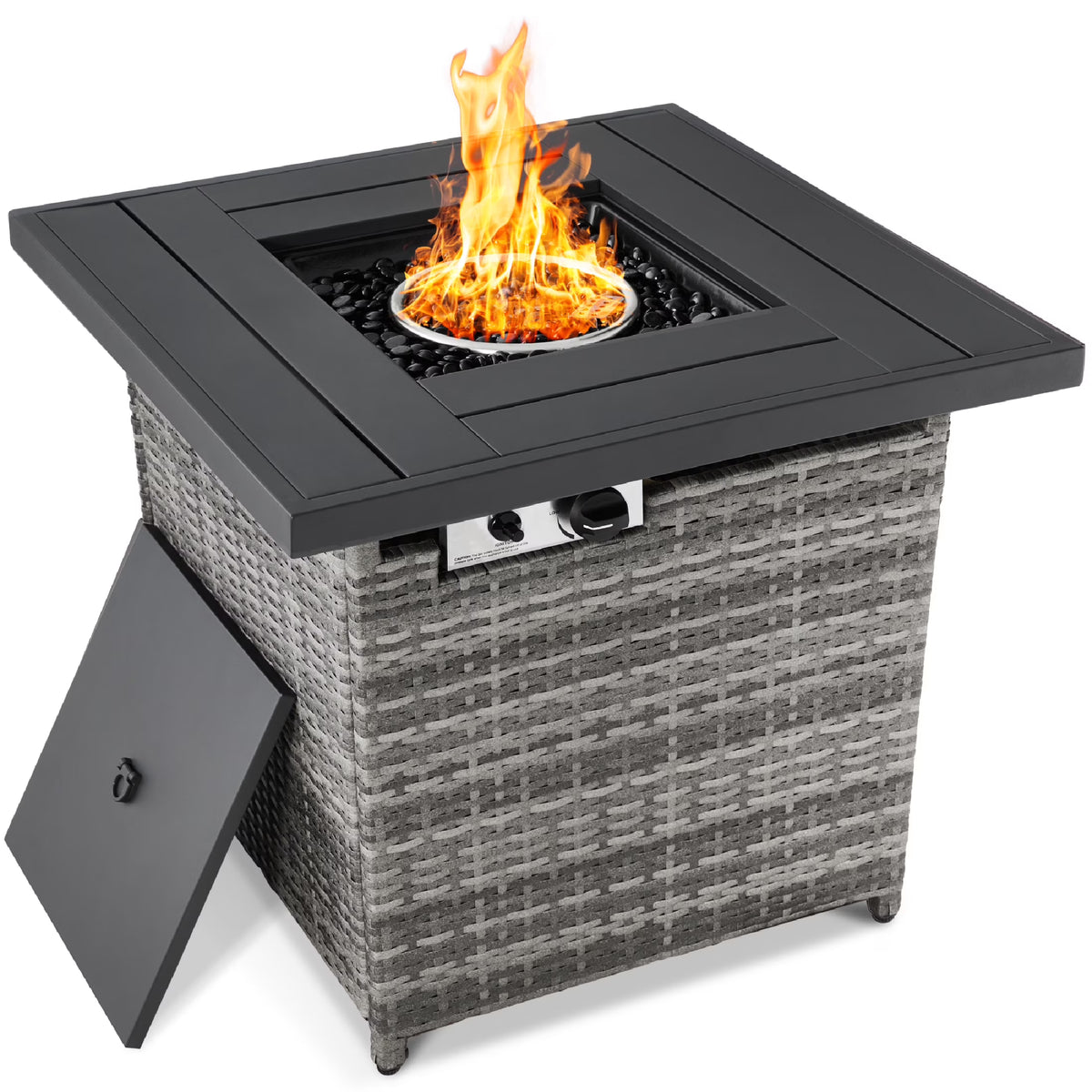 28in Propane Gas Fire Pit Table Outdoor Wicker with Glass Beads Tank Holder Ash Gray C3763