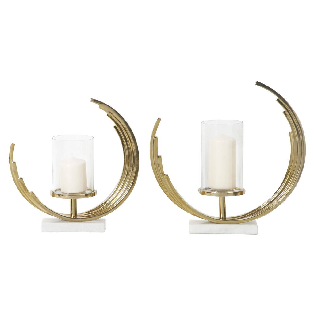 Set of 2 Gold-Tone Metal Candle Holders with Marble Bases J48962