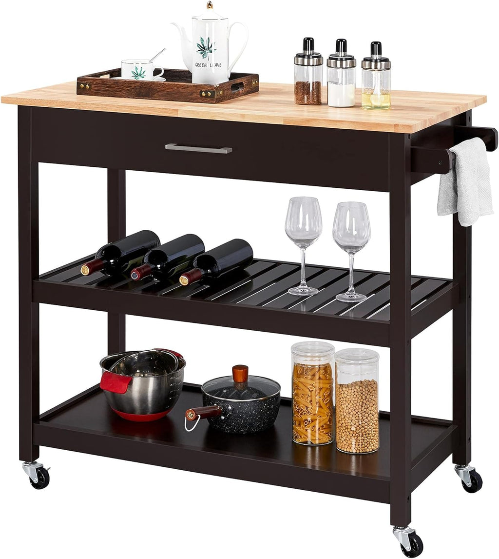 White 3 Tier Rolling Kitchen Cart with Solid Wood Countertop L673
