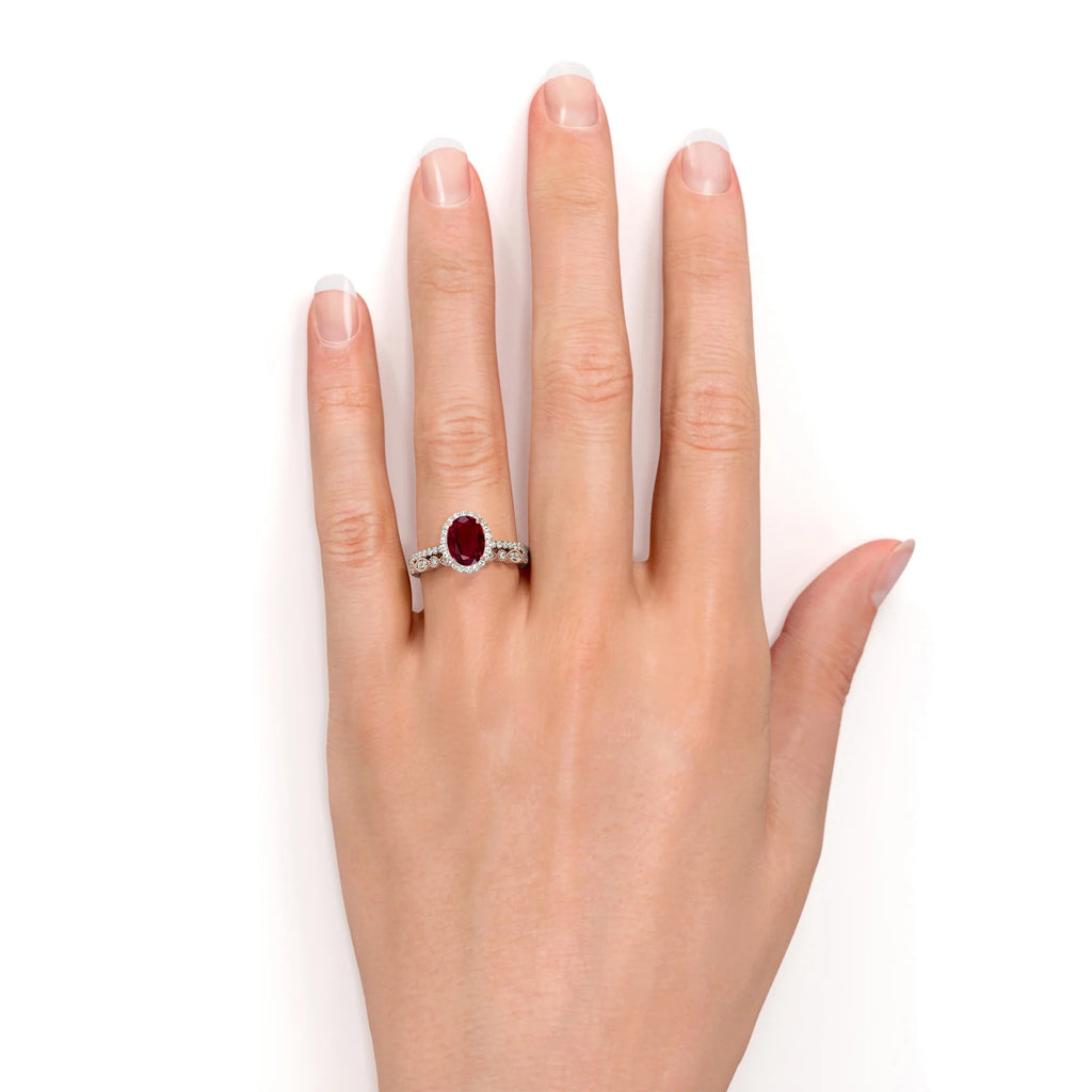 18k Rose Gold over Silver Oval Ruby Bridal Ring Set O123384