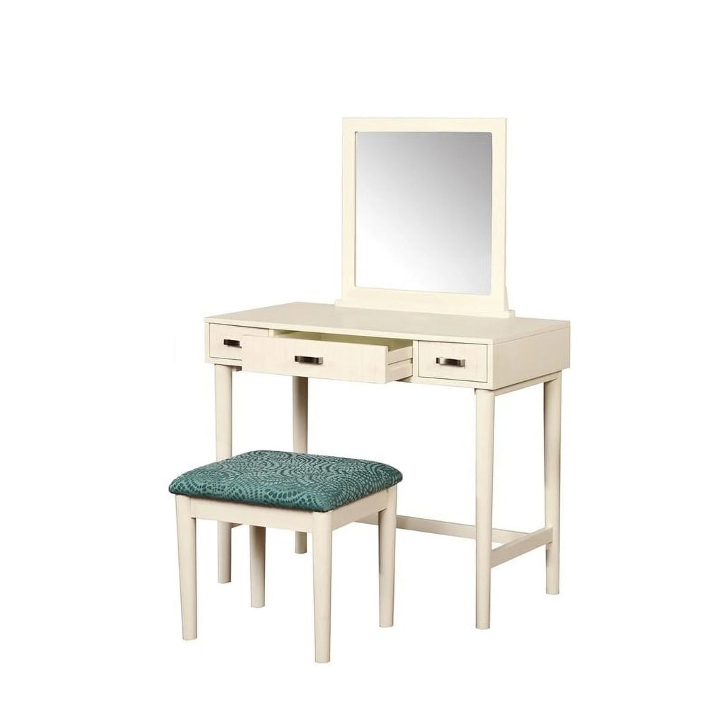 Off-White 3-Drawer Vanity Set with Green Swirl Upholstered Stool P625651