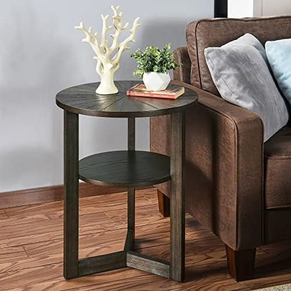 Round End Table Solid Wood 2-Tier Rustic Brown D2272