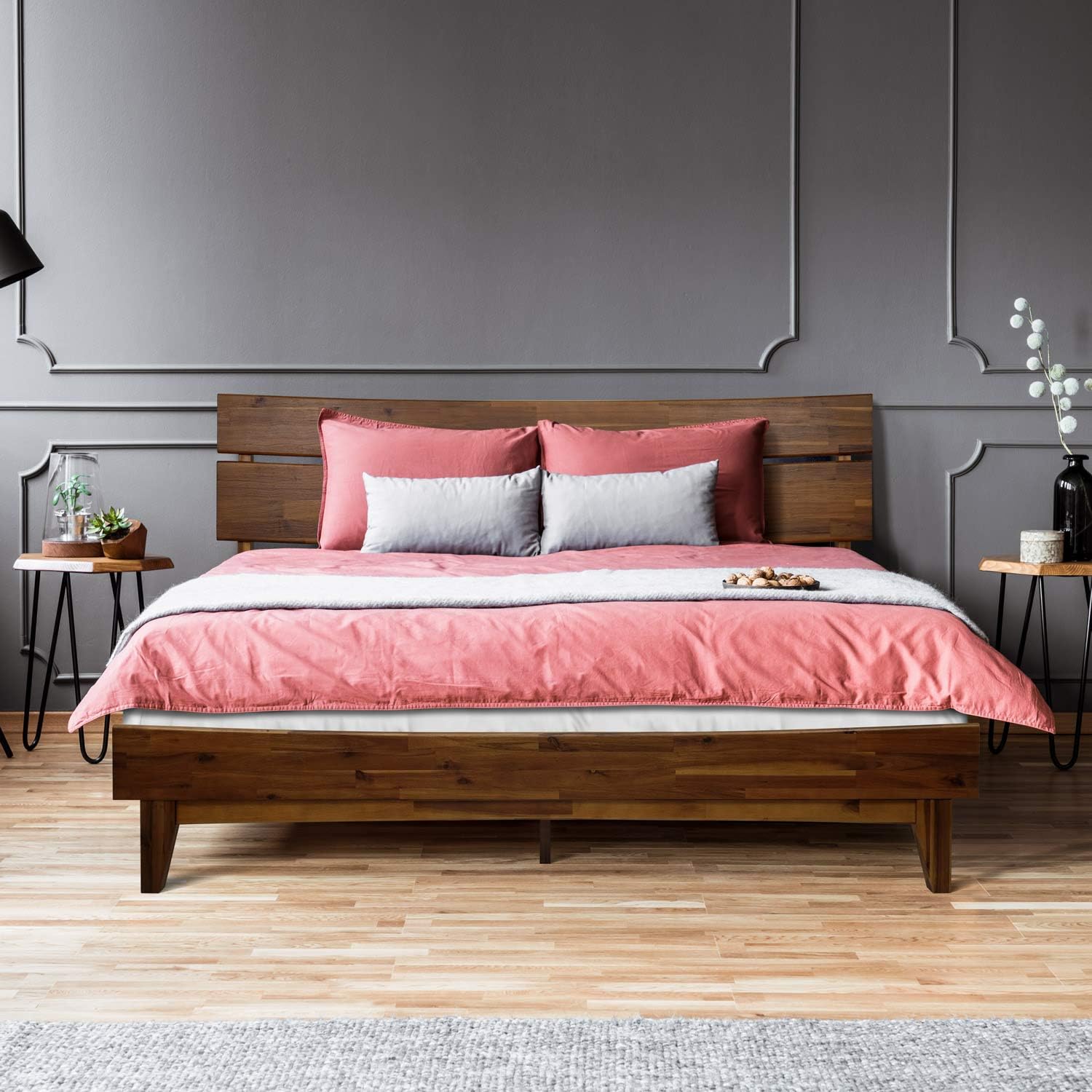 Queen Caramel Wood Platform Bed Frame with Headboard P3168