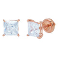 4 ct Princess Cut Solitaire Studs VVS1 Blue Simulated Diamond Solid 18K Pink Rose Gold Earrings Screw back Y4682