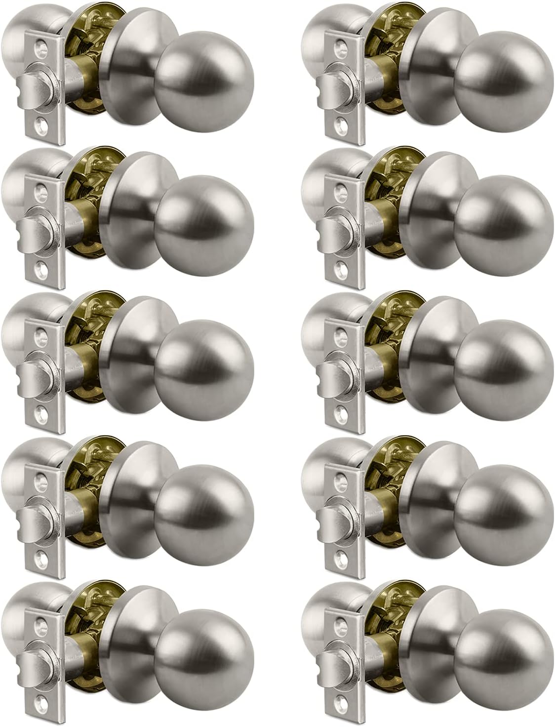 [5 Pack] Non Locking Ball Door Knob Set with Latch Plate, All Metal, Satin Nickel Finish N13965