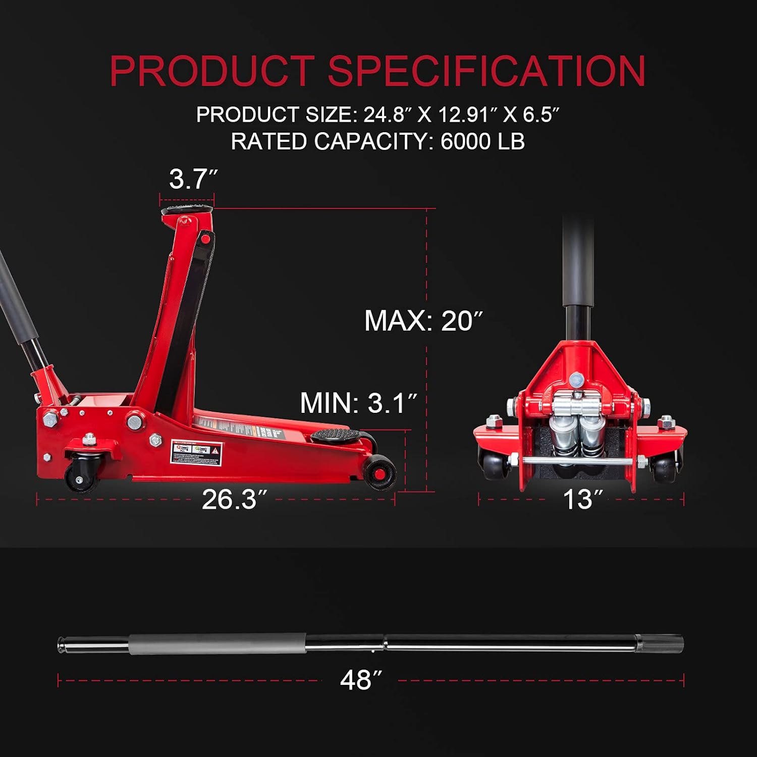 3 Ton Hydraulic Steel Floor Jack with Dual Piston Quick Lift Pump J933