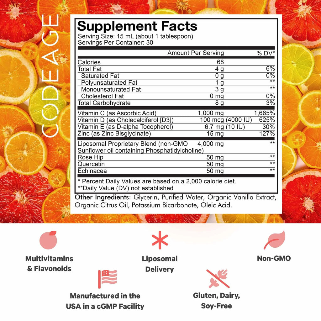 15.22 fl oz Liquid Vitamin C 1000mg with Zinc, Vitamin D E, Quercetin, Echinacea O2839