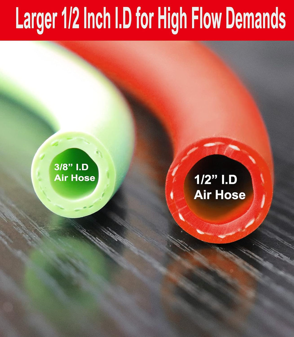 Hybrid Air Hose 1/2-Inch I.D. by 25-Feet Long Solid Brass Fitting 300 PSI with 3/8" and 1/4" Industrial Quick Coupler Connectors, Red Pack of 2 L27317