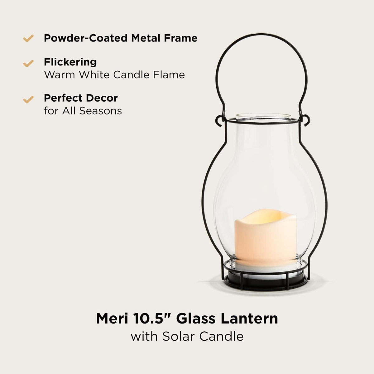 Black Metal Glass Solar LED Lanterns, 10.5 Inch, Warm White, Waterproof X744390