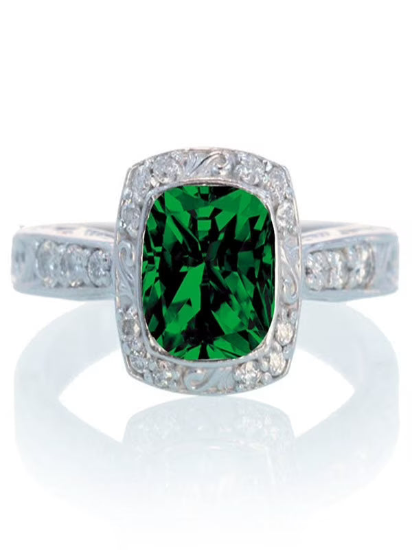 Vintage Emerald and Diamond Halo Wedding Ring on 10k White Gold J24643
