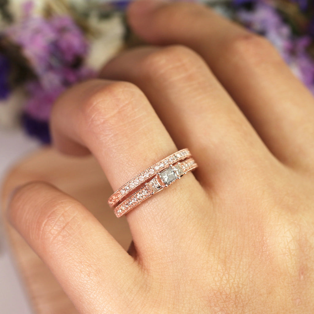 18K Rose Gold over Silver Three Stone Ring Set H47200