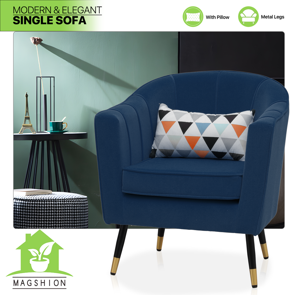 Navy Blue Upholstered Barrel Chair with Pillow R962