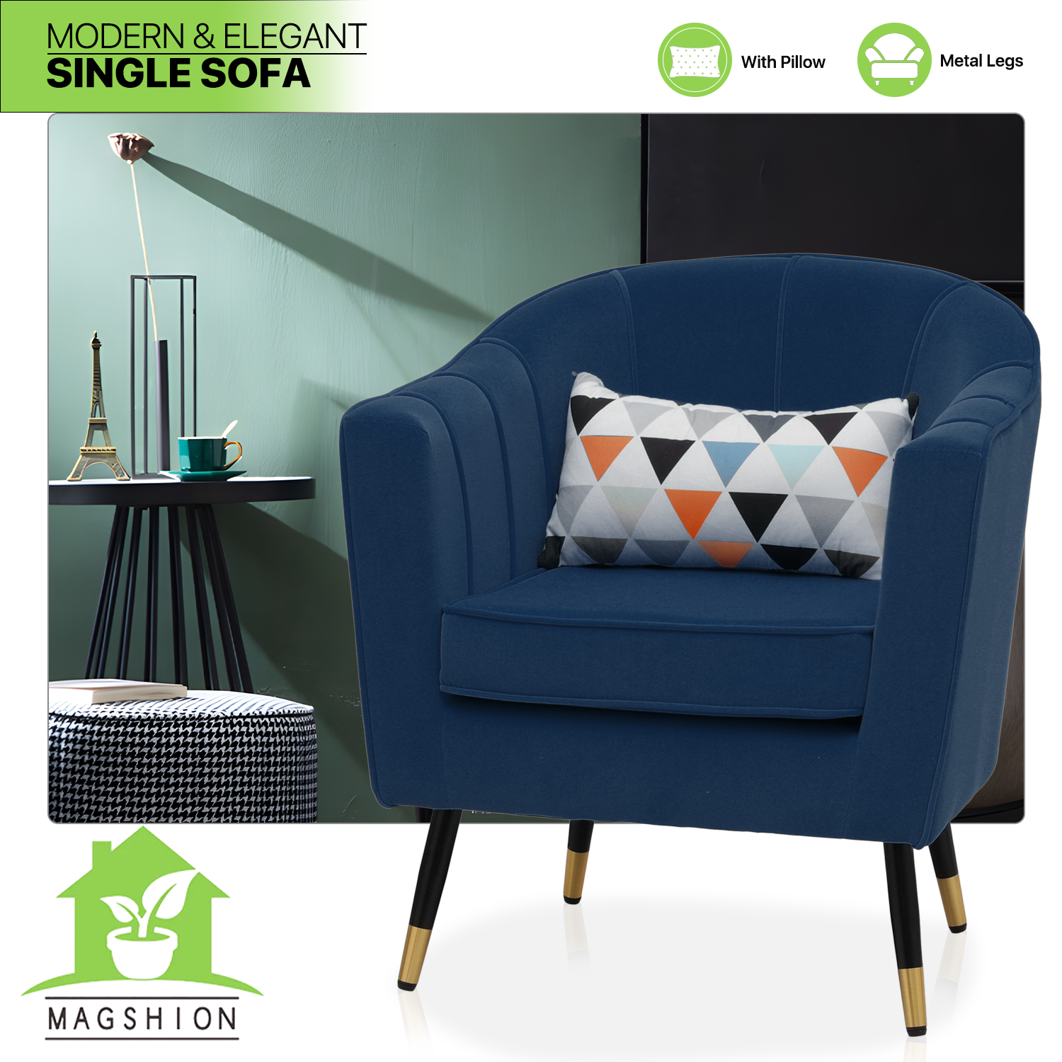 Navy Blue Upholstered Barrel Chair with Pillow R962